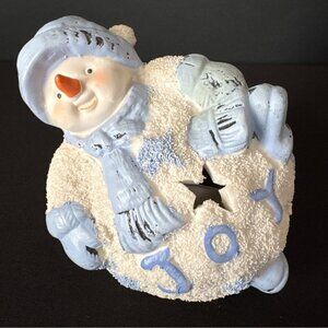 Snowman Joy Figurine Cutout Stars Tea Light Candle Holder Winter Blue White 4"